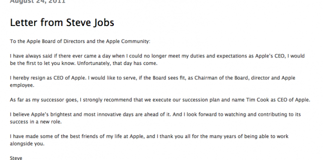 Letter from Steve Jobs to the Apple Board of Directors