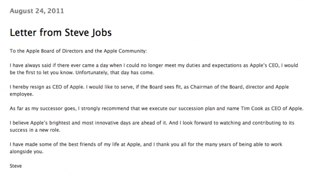 Letter from Steve Jobs to the Apple Board of Directors